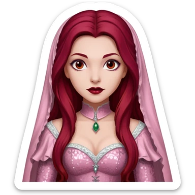 Aleera, Bride of Dracula from Van Helsing with long dark red hair, light pink sequin outfit sticker