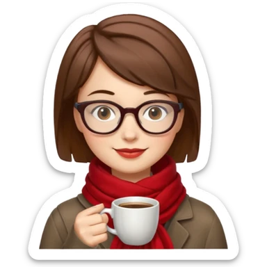 a girl with brown short hair, having red scarf, wearing glasses, drink coffee, enjoy sticker
