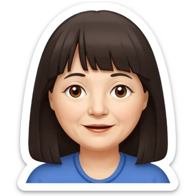 60 yr old woman, long hair down back, very small brown eyes, long hair, straight dark brown hair, bangs, chubby, long face, very tired but happy sticker