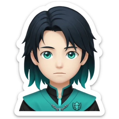 Tokito Muichiro emoji style — calm boy with long black hair fading mint green, turquoise eyes, pale skin, dreamy face, wearing dark Demon Slayer uniform, black + teal tone, anime cute clean style. sticker