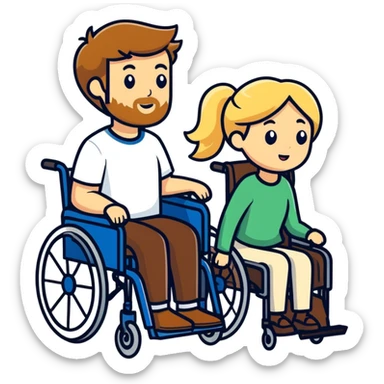 Brown haired man in a wheel chair with a beard with blonde haired mom pushing sticker