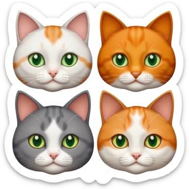 3 tiny different coloured short hair cats including a dark grey and white cat with green eyes, a ginger and white with orange eyes and a brown tabby and white with hazel eyes sticker