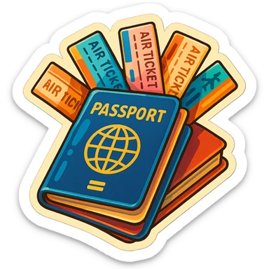 retro sticker-style image of a stack of passports with several airline tickets sticking out at different angles, bold outlines, juicy colors, expressive shadows and highlights sticker