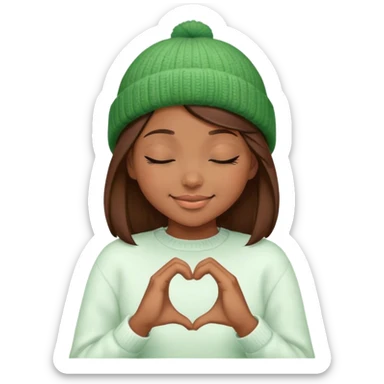 brown hair girl closed eyes stylish in a green beanie hat in white sweater smiling making heart from her hands  sticker