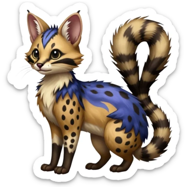  ink-black fur laced with oil-slick bronze and abyssal cobalt runes fur with random dark markings beautiful elegant pretty precious cute  Fakémon-Pokémon-opossum-feline-serval-caracal-chinchilla-Furret-Minccino-hybrid-creature with a big fluffy bushy tail (full body) sticker
