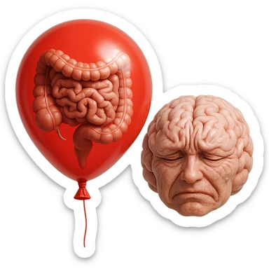intestino umano anatomico chiuso in un palloncino rosso che simboleggia gonfiore, accanto un cervello stressato, iperrealistico 4k sticker