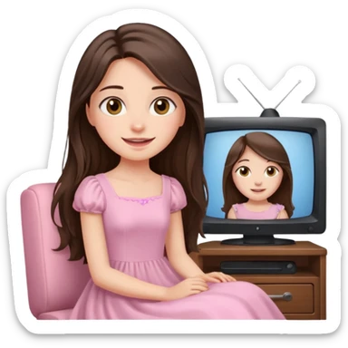 happy long haired brunette girl hazel eyes in light pink watching tv sticker