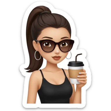 generate a pretty fair bratz girl with dark brown eyes, dark brown eyes tied into a slick back ponytail, thin brown sunglasses. Wearing a black cami top and drinking coffee, high cheekbones sticker