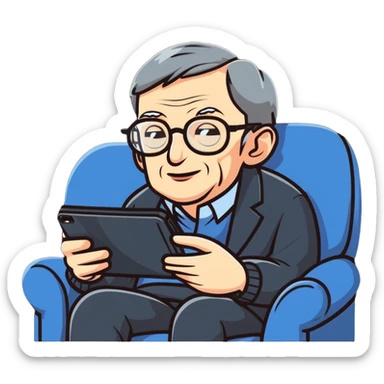 Stephen Hawking with glasses sitting on a couch playing a mobile phone game sticker