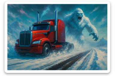 2026 Kenworth W680 flat top semi sleeper with stacks chasing an abominable snowman down the road, gpt image style sticker