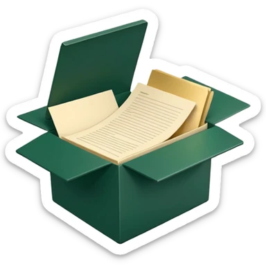 3D minimal open box with papers and documents floating out, matte finish, deep green (#0B3D2C) box, cream (#F5F5DC) papers, gold (#C9B037) subtle glow, Apple style, clean and premium, soft shadow, transparent background sticker