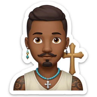 Deci creează mi un emoticon cu un băiat mai creol care are doar o coadă are cercel intr o ureche are tatuaje și barba cioc și mustața și are lanț la gât cu cruce sticker