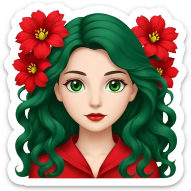 Dark green eyed women with long wavy hair red flower background red clothing sticker