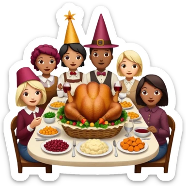 Thanksgiving Dinner with 10 people of different races around the table; have the food be a cooked turkey, mashed potatoes, corn, a basket of biscuits, a small bowl of cranberry sauce, baked yams, steamed vegetables, and a bottle of wine. sticker