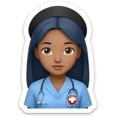 pretty brown skin nurse with long black hair and thin brown eyes in light blue scrubs sticker