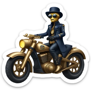 C-3PO wearing a pair of navy-blue sunglasses, hat, leather chaps, fringe jacket riding a steampunk motorcycle on ice  sticker