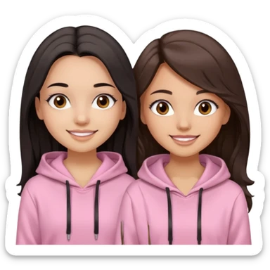 A pretty girl with light skin and long straight black brown hair, wearing a very light pink basic hoodie with brown eyes and makeup and a round face with another girl with tan skin and very wavy brown hair sticker