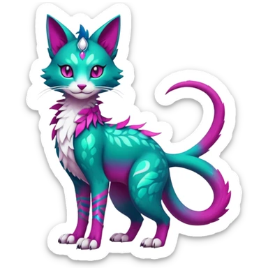 Kawaii cute colorful iridescent dark-turquoise-green and magenta and white beautiful pretty elegant divine edgy feline-vernid-sergal-Fakémon-Pokémon-fursona-animal-creature with accessories, full body, with intricate detailed markings sticker