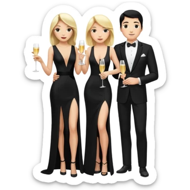 Blonde woman, black, Long, tight, sleveless Dress, Slot left Leg, man, DARK Hair, in Dinner jacket, Background bedroom, drinking champaign sticker