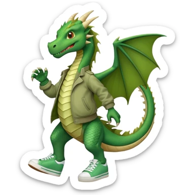 friendly anthropomorphised green dragon in a jacket and sneakers walking upright, relaxed pose sticker