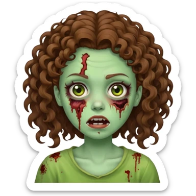 Zombie girl with curly brown hair como emoji de iphone y con la boca un poco lastimada  sticker