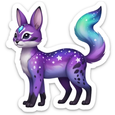 Colorful black-violet-indigo-purple-gradients nebulae nebula starry galactical shiny white-stars-spotted glorious iridescent divine exotic cute cool beautiful realistic Meloetta-caracal-civet-sergal-bunny-oncilla-animal-Fakémon-hybrid-fursona (full body) sticker