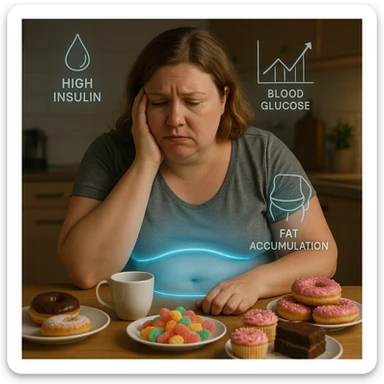 A woman in her late 30s, slightly overweight, sitting tired at a kitchen table with sugary foods in front of her. Her expression frustrated. A faint blue glow surrounds her abdomen, symbolizing metabolic dysfunction. Floating around her body: transparent icons of high insulin, rising blood glucose levels (graph with arrows up), and fat accumulation around the belly and hips. sticker