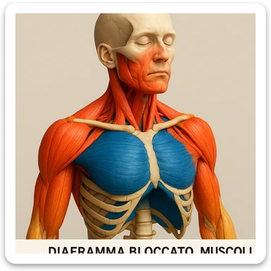 vista 3D del busto con diaframma bloccato, muscoli del collo e scapole sovraccaricati, colori vivaci, didascalia in italiano sticker