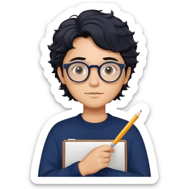 Reliable-looking designer with wavy black hair, round glasses, navy blue sweater, organized, holding pen with competent expression sticker