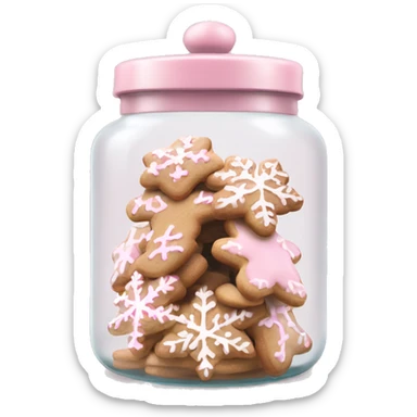 Realistic glass cookie jar with light pink lid full of gingerbread snowflake cookies isolated.  sticker