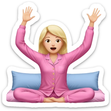 {
      "type": "human",
      "look": "pink pyjama lady, long sleeves, stretching arms",
      "description": "a woman in pink pyjamas stretching her arms after waking up"
    } sticker