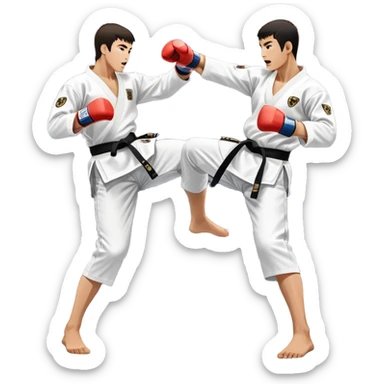 Two taekwondo fighters in traditional white doboks with black belts. One delivers a powerful kick, while the other defends by blocking with his knee. The background shows a professional arena with bright lights and an excited crowd. Transparent background highlights the intense action sticker