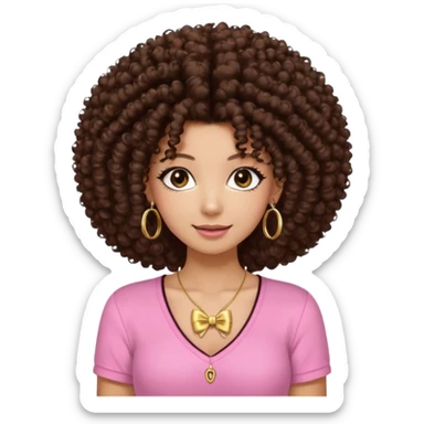 Naturally tan skin girl short darkBrown curly afropink shirt very long lashes hoop gold earrings Brown eyes gyaru smiling closed mouth cute bow hairclip small on the side. V neck pink shirt. Teenager bow on shirt, cleavage sticker