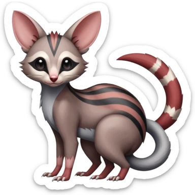 Minccino-Opossum-Numbat-Lykoi-Sphynx-Zangoose-fusion-hybrid-animal-Fakémon-creature, full body, thin long sleek scaly tail, intricate markings sticker
