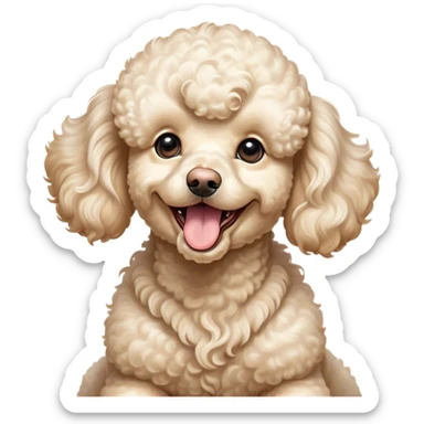 Cinematic Cute Yawning Cream Poodle Portrait Emoji, Head tilted slightly with a dramatic, wide-open yawn, displaying a soft, curly cream Fur with delicate texture, floppy ears slightly drooping, round warm eyes barely open in drowsy contentment, Simplified yet irresistibly adorable features, highly detailed, glowing with a soft, cozy glow, high shine, relaxed yet expressive, stylized with a touch of whimsy, bright and endearing, soft glowing outline, capturing the essence of a sleepy yet affectionate companion, so drowsy it feels like it could stretch right out of the screen and curl up for a nap! sticker