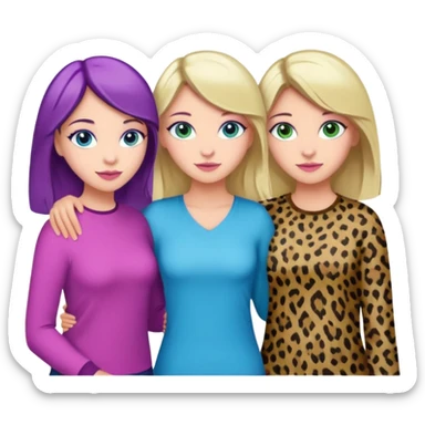 I want a brunette girl who really likes pink and leopard print, another blonde with blue eyes who likes blue, and another with light brown hair, green eyes, and purple and green colors. All together.   sticker