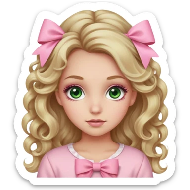 A dirty blonde girl, with long curls and green eyes and big lashes. A soft look and pink pastel clothes, with small pink bows in hair sticker