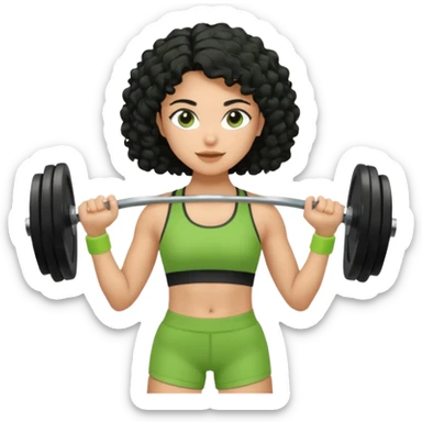 woman with olive skin and curly black hair wearing a green workout outfit (shorts) and lifting weights sticker