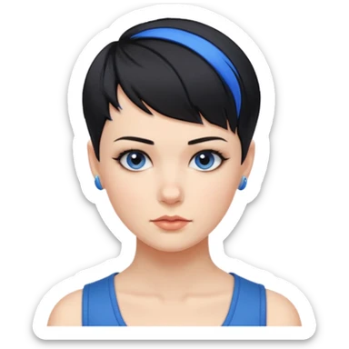 frau freche extreme schwarze Kurzhaarfrisur eine Seite wirklich fast keine Haare andere Seite mit blauer Strähne kurze Seite noch viel kürzer sticker