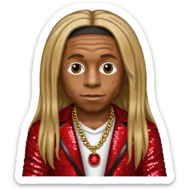 Lil Wayne with long dark blonde hair, red sequin outfit sticker