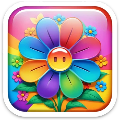 Beveled square shaped psychedelic colored button with rainbow colored flowers in the center sticker