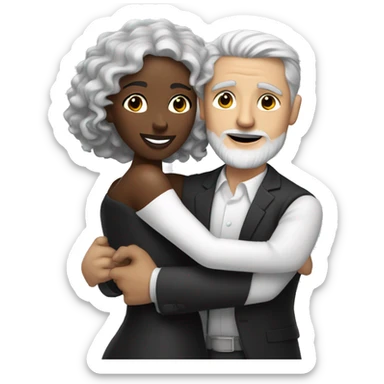 A pale white man with grey hair and with a goatee has just married, with a black woman with  neck length curly 
 brown hair and a brown complexion. They have a lot of money. they are hugged sticker