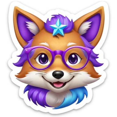 A magical fox with shimmering purple and blue fur, a glowing tail, a silver star on its forehead, and round glasses, laughing so hard that tears are streaming from its eyes sticker