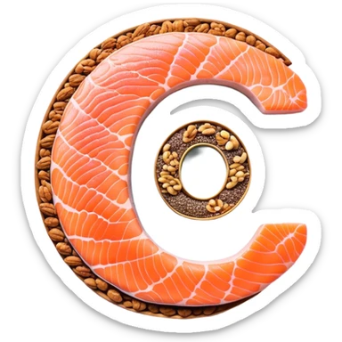 Floating arrangement of omega-3 rich foods: fresh salmon fillets, walnuts, flaxseeds, chia seeds and golden omega-3 capsules, all emitting a soft golden glow. The foods orbit around a central shimmering omega symbol, with gentle flowing energy connecting them. sticker