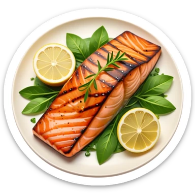 Cinematic perfectly grilled salmon, rich orange hues with crispy skin, garnished with fresh herbs, drizzled with lemon, ultra-detailed and delicious. sticker