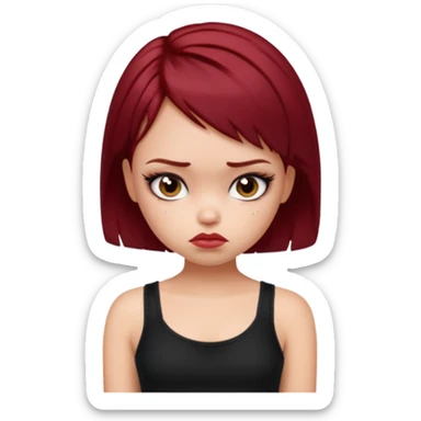 generate a pretty fair bratz girl with short dark red hair looking sad . Wearing a black cami sticker