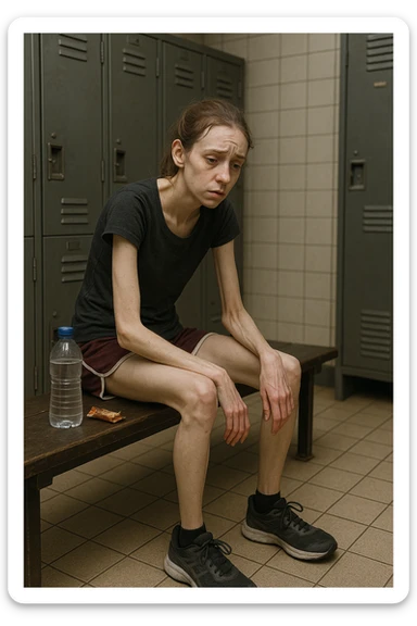 3D rendered scene: a woman in her 20s wearing running clothes sits on a bench in a locker room, looking exhausted and weak. Her face shows signs of fatigue, and her limbs appear thin and lacking muscle tone. A water bottle and a small, half-eaten snack are beside her, hinting at insufficient nutrition. The environment is realistic, with a focus on her physical and emotional state. sticker