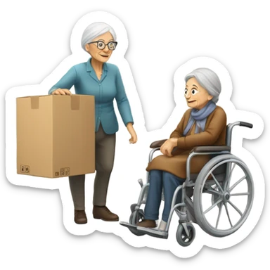 Old woman in wheelchair and old man moving House sticker