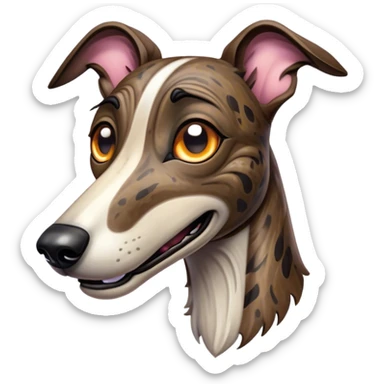 Cinematic Comical Brindle Greyhound Portrait Emoji, Head tilted dramatically with an exaggeratedly amused expression, featuring a striking brindle Fur with bold patterns, wide, expressive eyes filled with playful disbelief, Simplified yet hilariously expressive features, highly detailed, glowing with a slightly sassy glow, high shine, dramatic yet playful, stylized with an air of cheeky mischief, bright and endearing, soft glowing outline, capturing the essence of a spirited and over-the-top racer, so meme-worthy it feels like it could side-eye its way into internet fame instantly! sticker