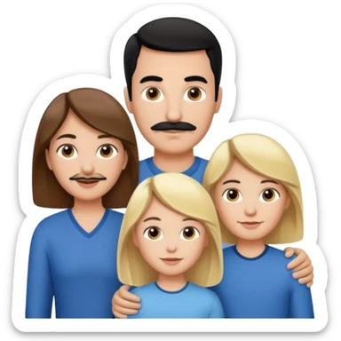 Mom with brown hair. Dad with black hair and mustache. 1 son with blonde hair. 1 son with blonde hair. 1 daughter with blonde hair. sticker
